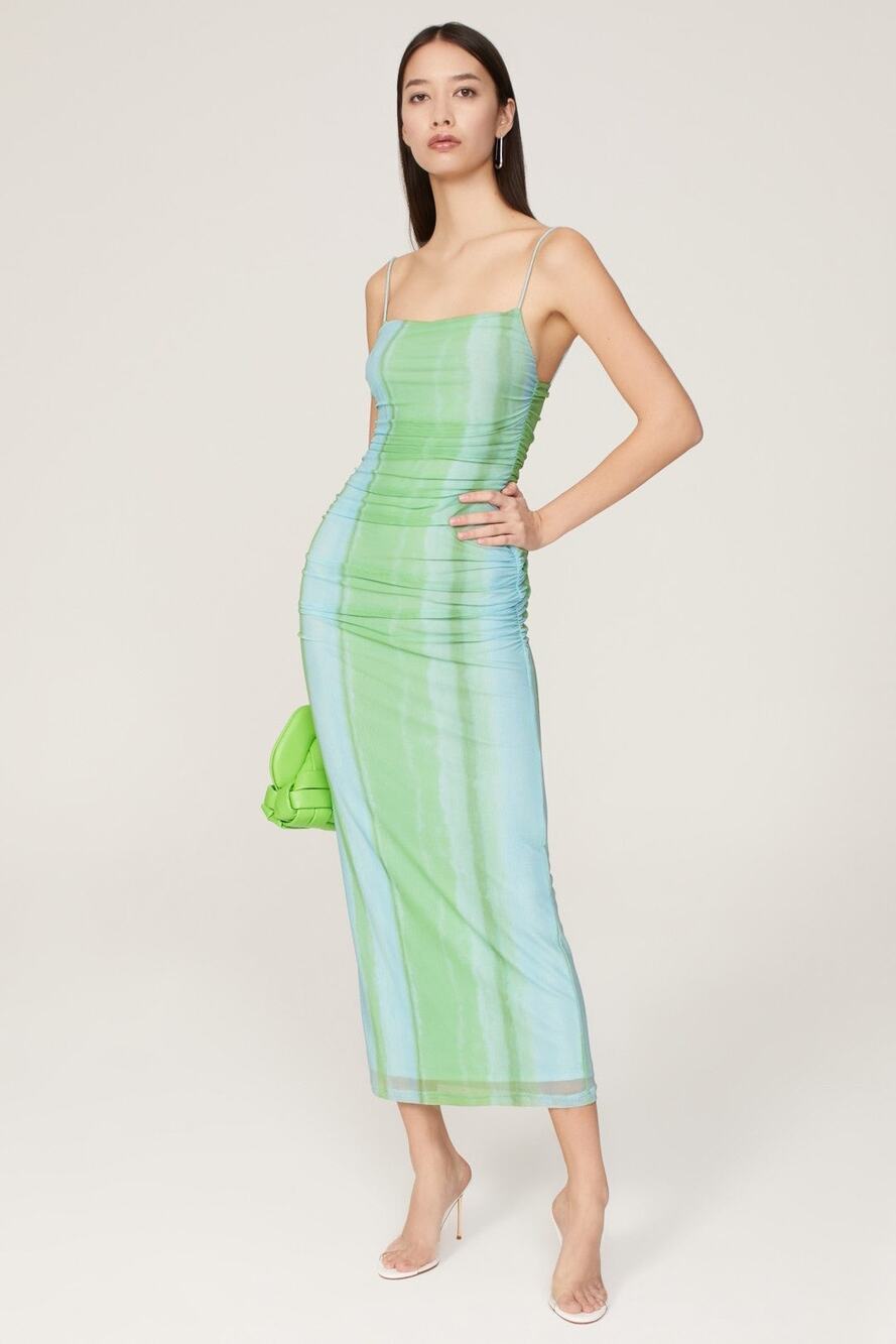 SIGNIFICANT OTHER Green Striped Mesh Square Neck Bodycon Verona Dress Size US 6